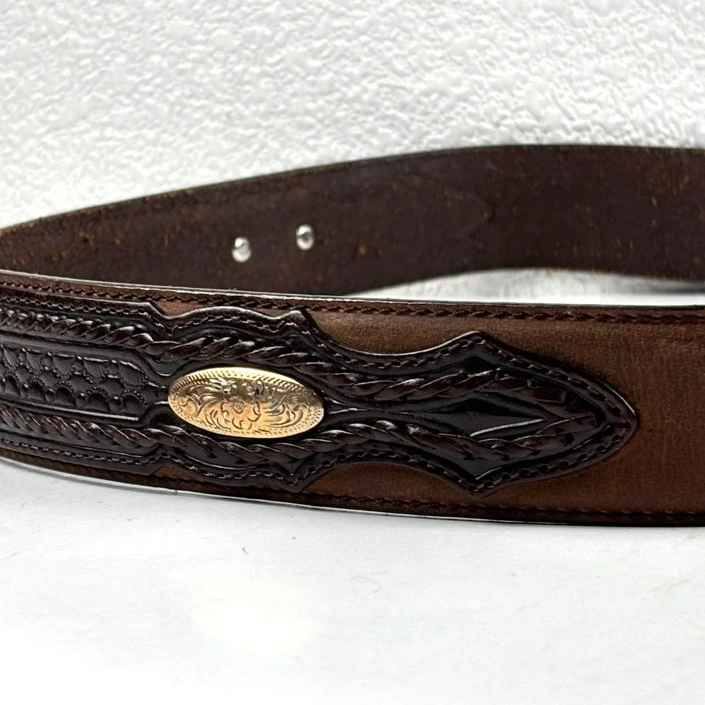 Justin Tooled Leather Belt Mens 34 Brown Western Basketweave Cowboy Equestrian‎